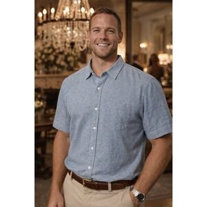 Line of Trade Mens Blue Linen Cotton Short Sleeve Button Up Shirt Size Large